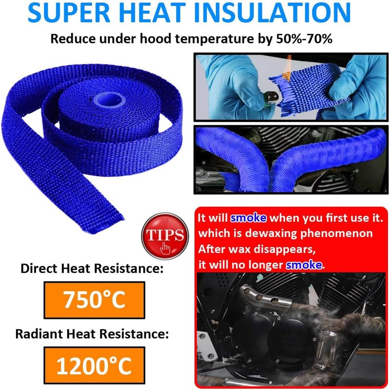 LKRXW Blue Exhaust Heat Wrap 1" x 16 Feet Motorcycle Exhaust Header Pipe Wrap Fiberglass Heat Shield Tape Car Manifold Insulation Thermal Protection with 6pcs Stainless Ties - Image 2